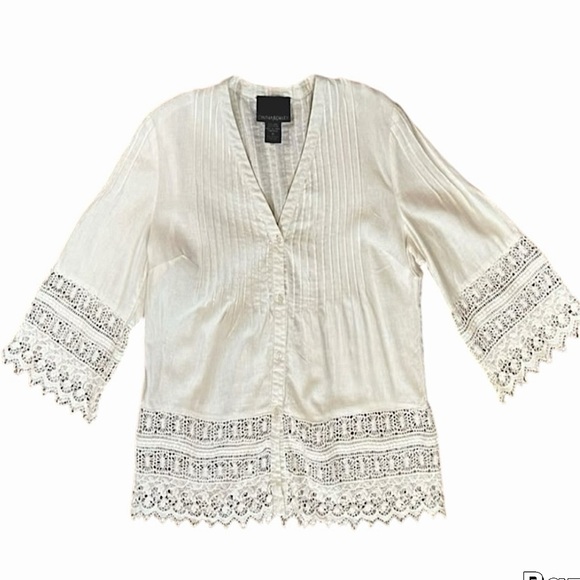 Boho Blouse Linen Cottagecore 7” Eyelet Lace Plus XL Button V-neck 3/4 Sleeves - Picture 1 of 9